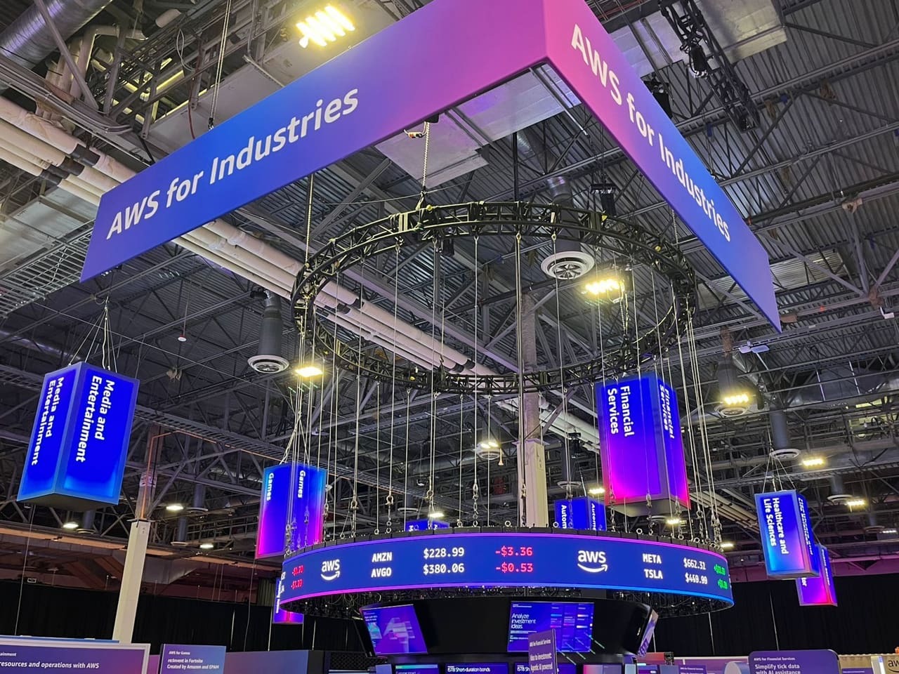 Looking up at the AWS for Industries banner and its circular ticker rig above an AWS expo floor.