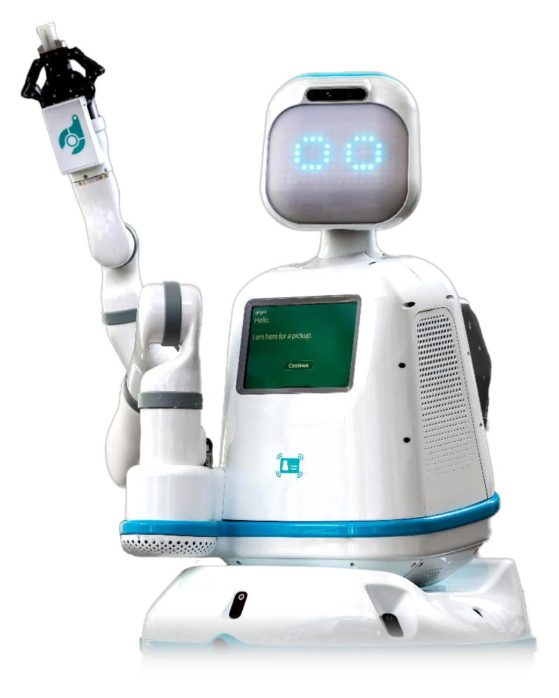 Moxi, Diligent Robotics’ hospital delivery robot, one arm raised, on a black field.